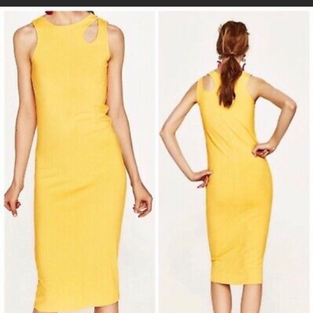 Zara Yellow Ribbed Midi Dress Size Large